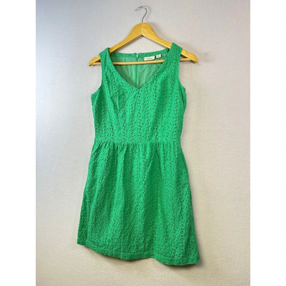 LLBean‎ Green Eyelet V Neck Sleeveless A Line Dress Size 4